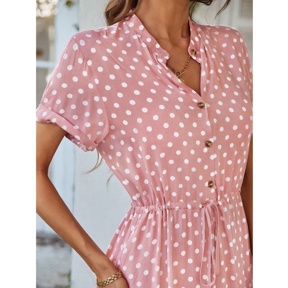 Pink Polka Dot Dress Midi Drawstring Ties Short Sleeve - Picture 2 of 11